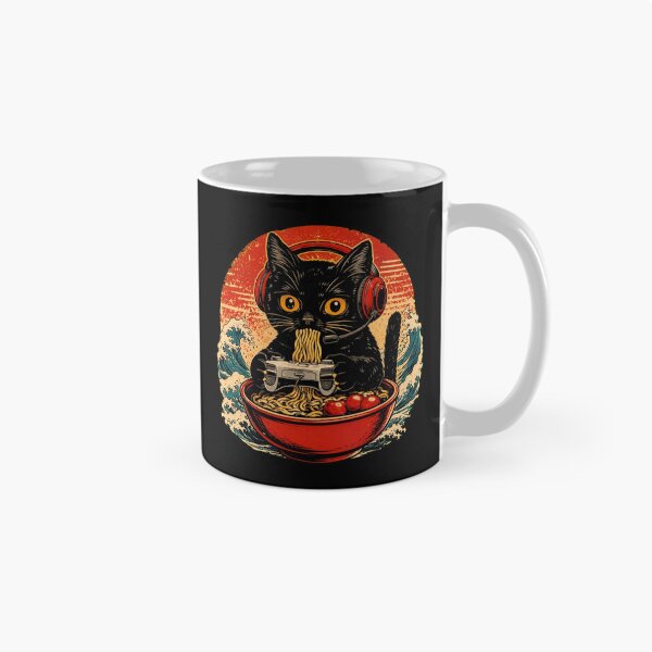 Item preview, Retro Gamer Black Cat Eating Japanese Ramen Noodles Wave designed and sold by Vermanartist.