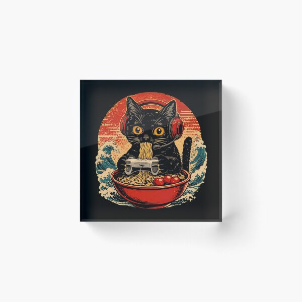 Item preview, Retro Gamer Black Cat Eating Japanese Ramen Noodles Wave designed and sold by Vermanartist.