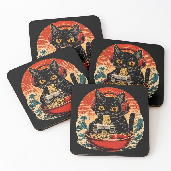 Item preview, Retro Gamer Black Cat Eating Japanese Ramen Noodles Wave designed and sold by Vermanartist.