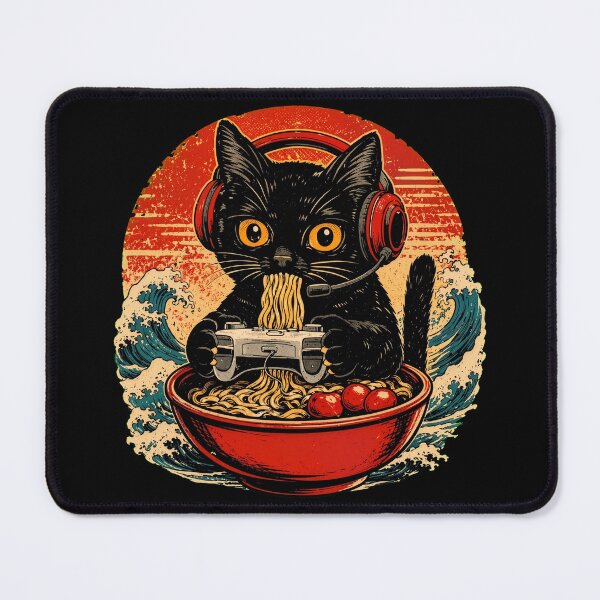Item preview, Retro Gamer Black Cat Eating Japanese Ramen Noodles Wave designed and sold by Vermanartist.