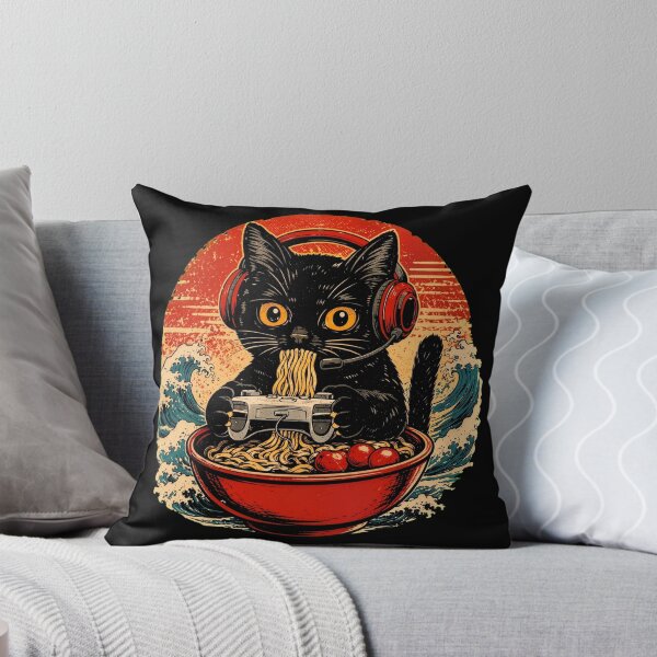 Item preview, Retro Gamer Black Cat Eating Japanese Ramen Noodles Wave designed and sold by Vermanartist.