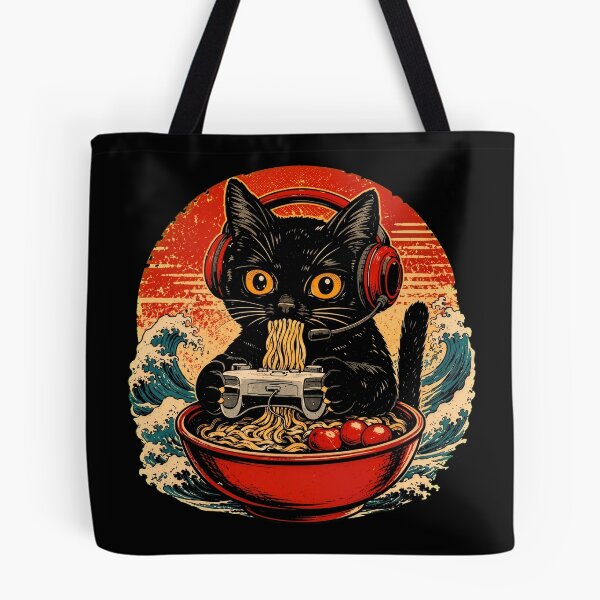 Item preview, Retro Gamer Black Cat Eating Japanese Ramen Noodles Wave designed and sold by Vermanartist.