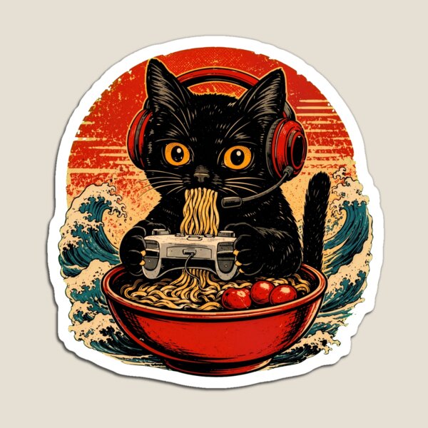 Item preview, Retro Gamer Black Cat Eating Japanese Ramen Noodles Wave designed and sold by Vermanartist.