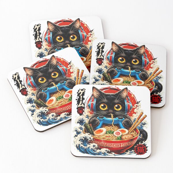 Item preview, Anime Black Cat Gamer Eating Ramen Noodles Ukiyo-e Waves designed and sold by Vermanartist.