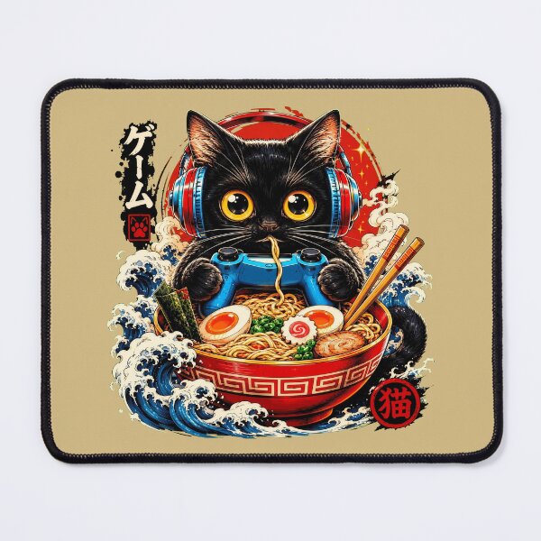 Item preview, Anime Black Cat Gamer Eating Ramen Noodles Ukiyo-e Waves designed and sold by Vermanartist.