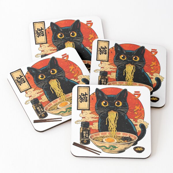 Item preview, Funny Black Cat Eating Japanese Ramen Noodle Soup Ukiyo-e Style designed and sold by Vermanartist.