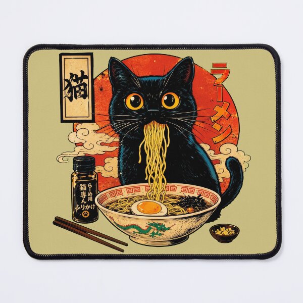 Item preview, Funny Black Cat Eating Japanese Ramen Noodle Soup Ukiyo-e Style designed and sold by Vermanartist.