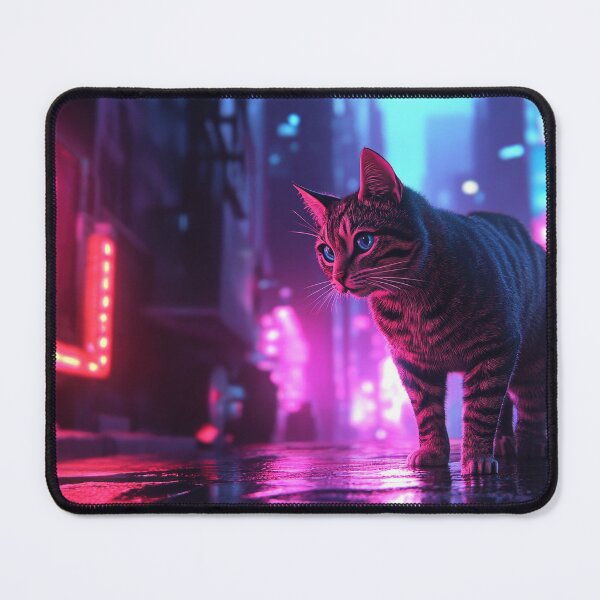 Item preview, Cyberpunk Neon Cat Glowing Pink Purple Futuristic City Vibes designed and sold by Drissakembili.