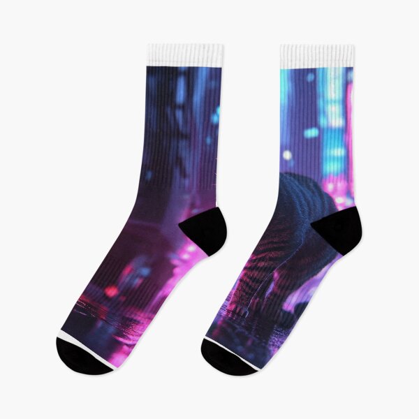 Item preview, Cyberpunk Neon Cat Glowing Pink Purple Futuristic City Vibes designed and sold by Drissakembili.