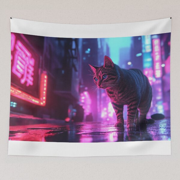 Item preview, Cyberpunk Neon Cat Glowing Pink Purple Futuristic City Vibes designed and sold by Drissakembili.