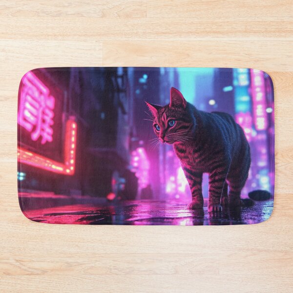 Item preview, Cyberpunk Neon Cat Glowing Pink Purple Futuristic City Vibes designed and sold by Drissakembili.