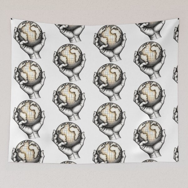 Item preview, Vintage Style Hands Holding Earth Globe Pencil Sketch World Map Design designed and sold by SpatialPost.