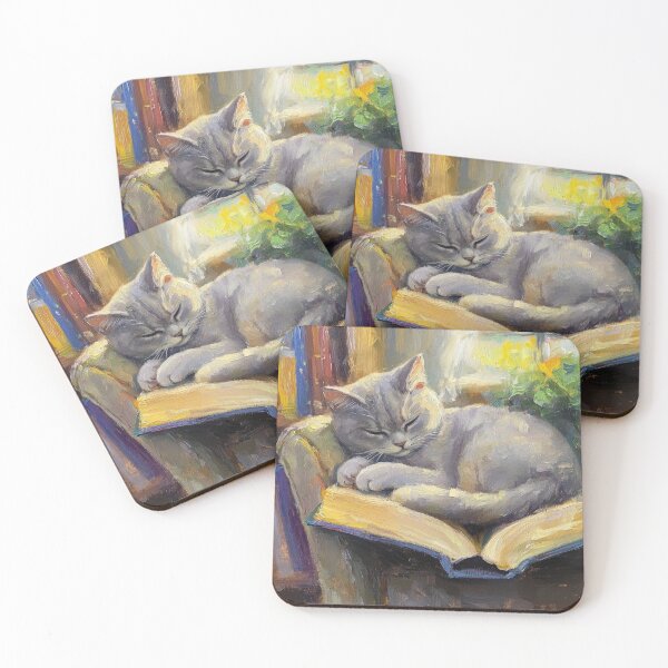 Artikelvorschau, Sleepy Grey Cat Napping on Open Book Soft Watercolor Cozy Art entworfen und verkauft von Drissakembili.