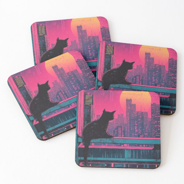 Item preview, Retro Synthwave Cat Silhouette Against Neon Sunset Vaporwave City designed and sold by Drissakembili.