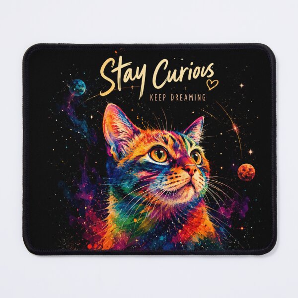 Item preview, Colorful Cosmic Cat Art – Stay Curious Black Cat Galaxy Watercolor Design designed and sold by AbstractAuraArt.