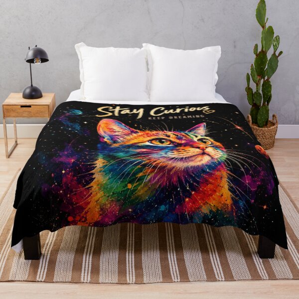 Item preview, Colorful Cosmic Cat Art – Stay Curious Black Cat Galaxy Watercolor Design designed and sold by AbstractAuraArt.