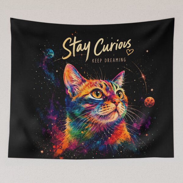 Item preview, Colorful Cosmic Cat Art – Stay Curious Black Cat Galaxy Watercolor Design designed and sold by AbstractAuraArt.