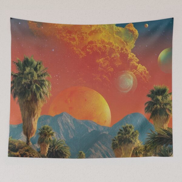 Item preview, Retro Surrealism Oasis Palm Trees Cosmic Mountains designed and sold by Mauswohn.