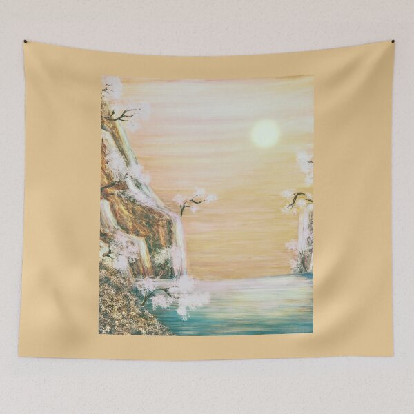 Item preview, Mountain waterfall, river, orange sky designed and sold by Witseart.