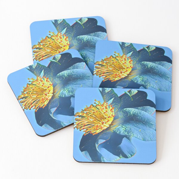 Item preview, Moody Electric Blue and Gold Camellia Flower Digital Painting designed and sold by BalkanBloom.