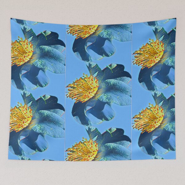 Item preview, Moody Electric Blue and Gold Camellia Flower Digital Painting designed and sold by BalkanBloom.