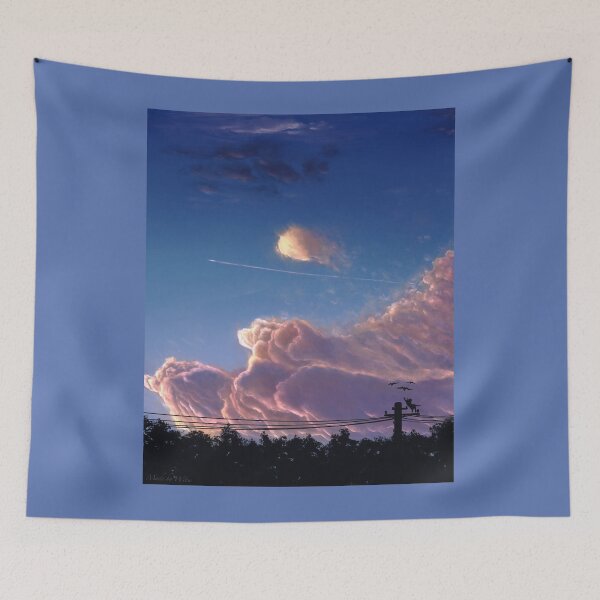 Item preview, Painting of a sunset sky, trees and a silly cat chasing birds designed and sold by Witseart.