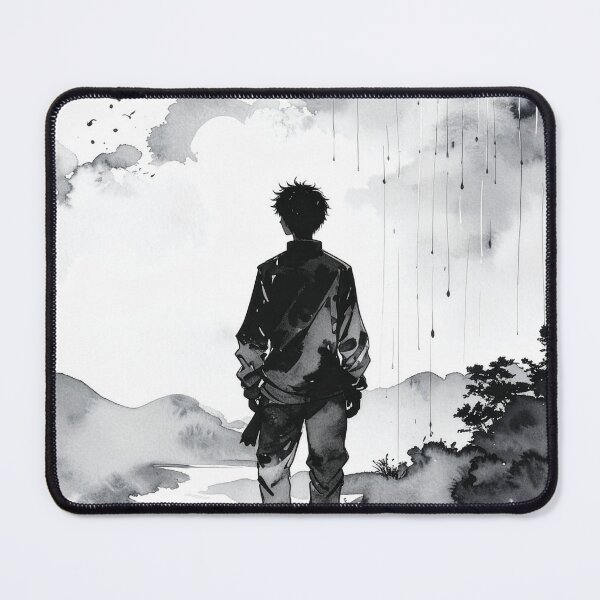 Item preview, Anime Boy Rain Landscape Ink Illustration designed and sold by BetweenForms.