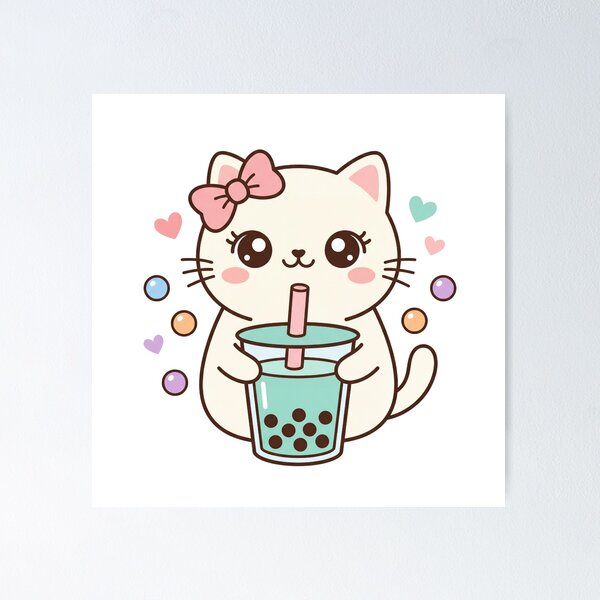 Item preview, Adorable Kawaii Cat with Pastel Boba Tea designed and sold by MoonlitDoodles1.