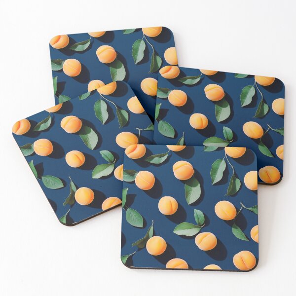 Item preview, Pattern of vibrant apricots with green leaves on rich navy blue background designed and sold by Stardust Closet.