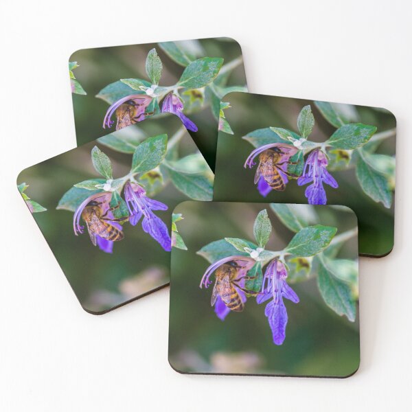 Item preview, Honeybee Pollinating Purple Flower Close-Up In Garden With Green Leaves And Soft Background designed and sold by Nmallia.