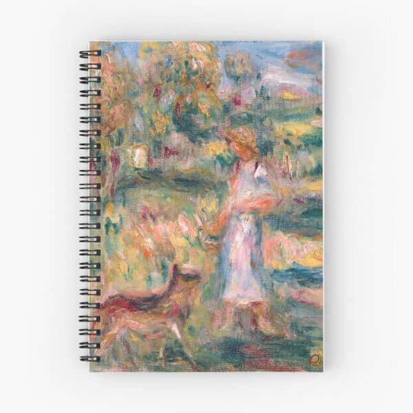 Item preview, Woman Walking Dog in Sunlit Landscape designed and sold by artofuniverse.