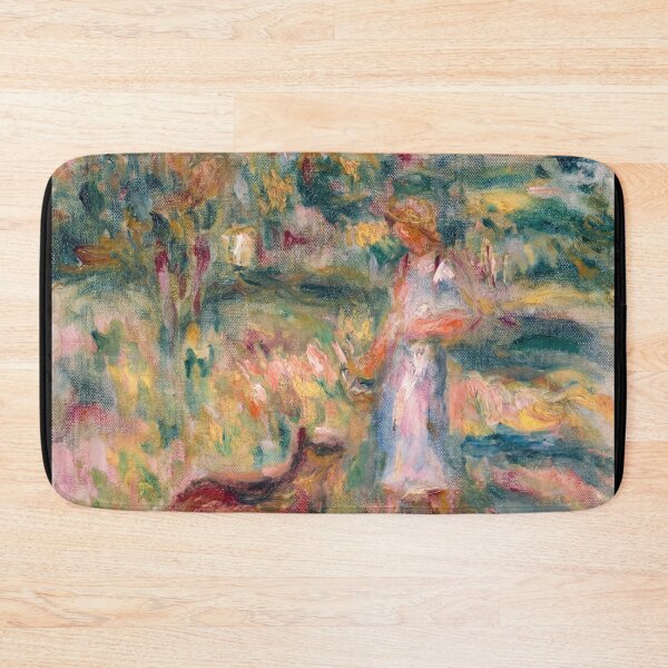 Item preview, Woman Walking Dog in Sunlit Landscape designed and sold by artofuniverse.