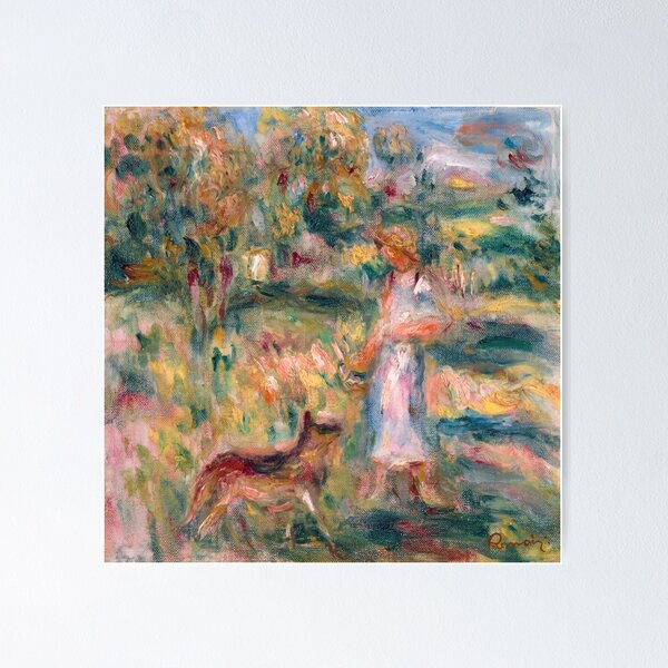 Item preview, Woman Walking Dog in Sunlit Landscape designed and sold by artofuniverse.