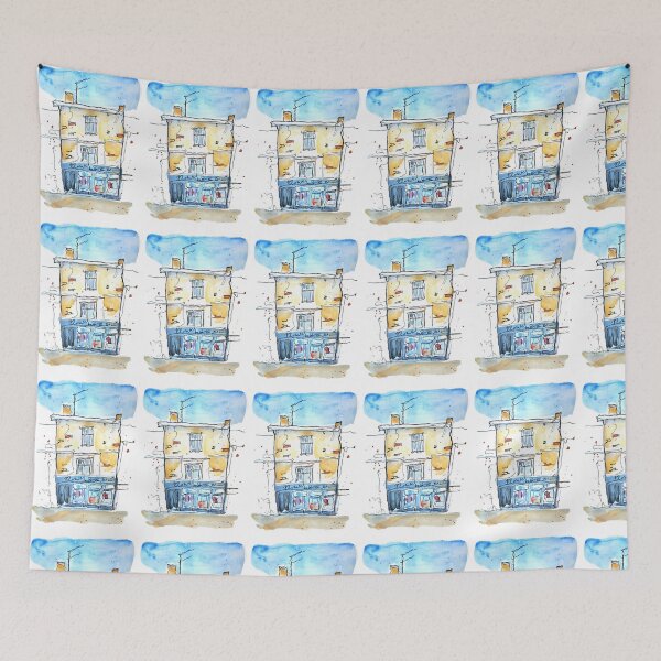 Item preview, Vintage Watercolor European Shop Front Red Brick and Blue Sky designed and sold by Designs by Sara Felton.