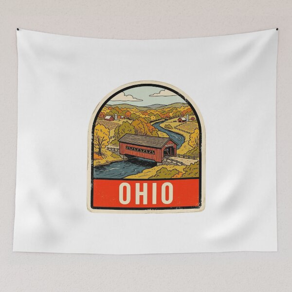 Item preview, Vintage Ohio Covered Bridge Retro Travel Art designed and sold by Paper Drip.