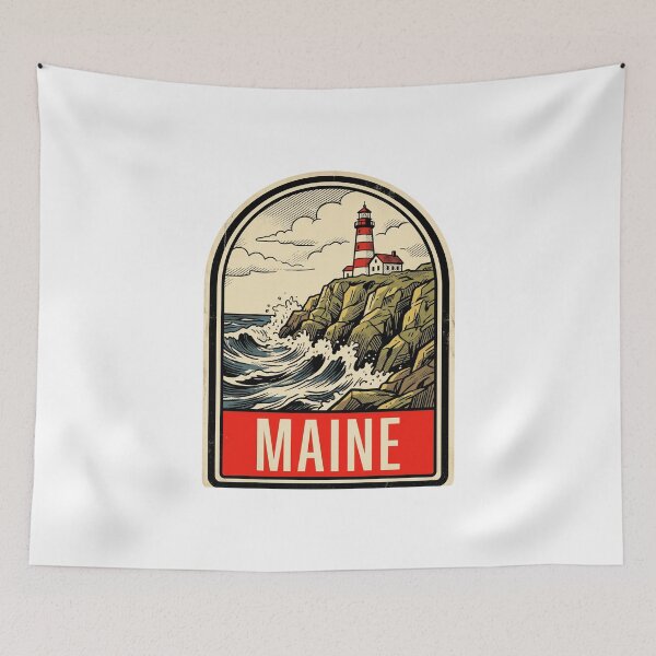 Item preview, Retro Maine Lighthouse Ocean Cliff Vintage Travel Badge Design designed and sold by Paper Drip.