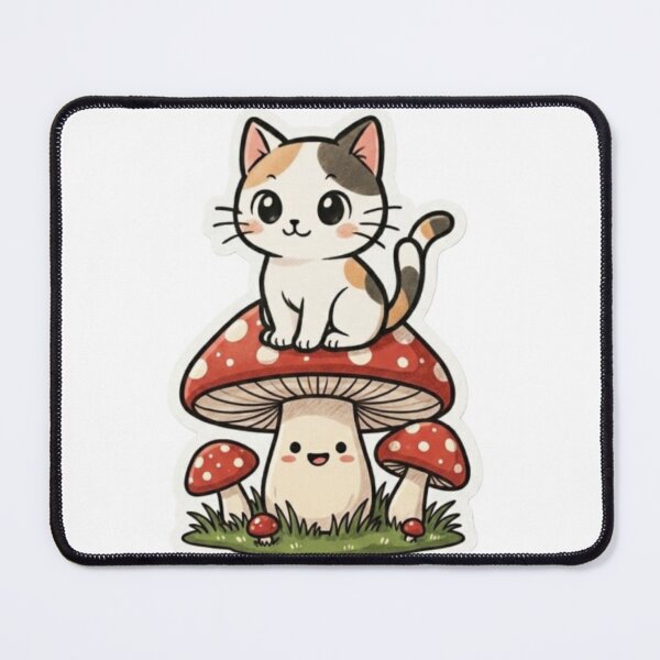 Item preview, Cute Kawaii Cat Sitting on Mushroom Illustration – Adorable Cartoon Animal Art designed and sold by PrintforDesign.