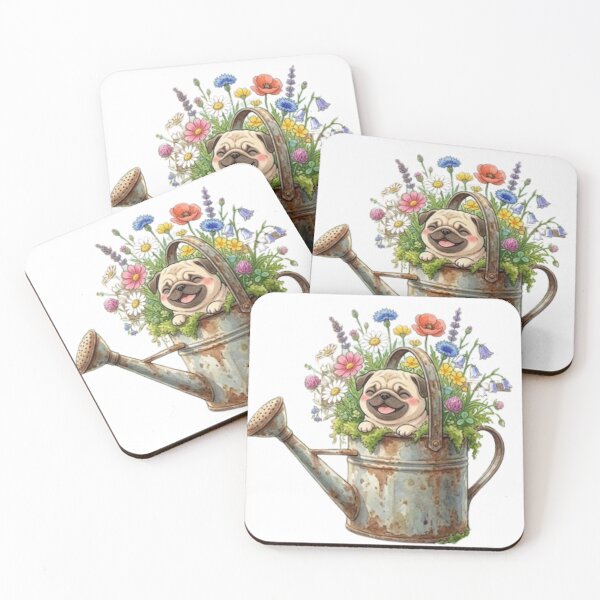Item preview, Cute Pug Puppy in Vintage Watering Can with Wildflowers designed and sold by Pure Art .