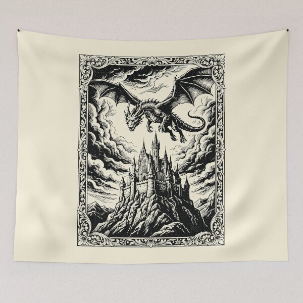 Item preview, Medieval Dragon Attacks Castle Vintage Fantasy Beast designed and sold by Y-Vibes.