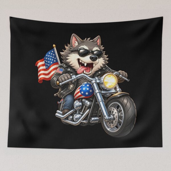 Item preview, Patriotic Wolf Biker Riding Harley with American Flag designed and sold by FREENATION2026.