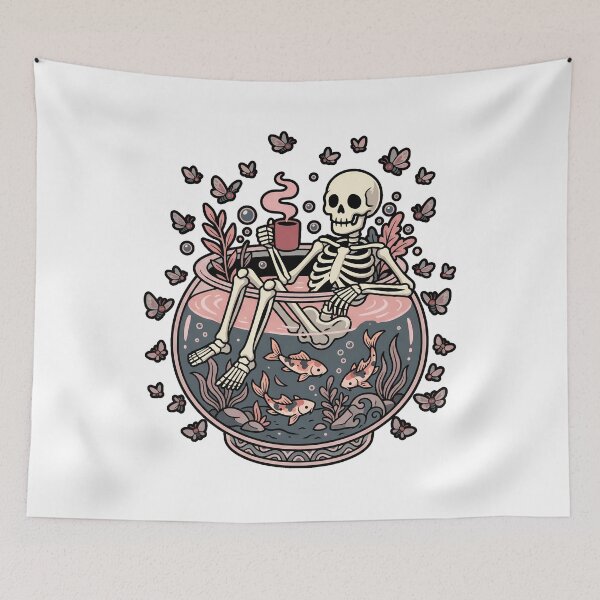 Item preview, Skeleton Relaxing in Giant Fishbowl Bath Drinking Coffee with Koi Fish designed and sold by MisteryDesigner.