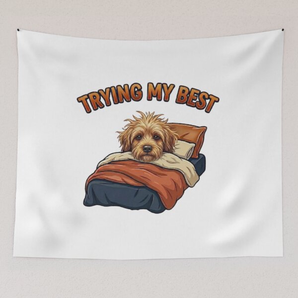 Item preview, Trying My Best Sleepy Dog – Funny Messy Hair Goldendoodle In Bed Cartoon designed and sold by Northern Glow Art.