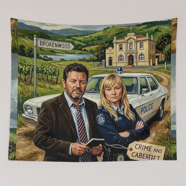 Item preview, Crime and Cabernet – Brokenwood Mysteries Fine Art Print designed and sold by Art's Diner.