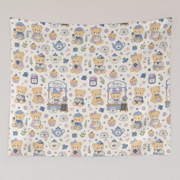 Item preview, Kawaii Teddy Bear Blueberry Tea House Pattern designed and sold by Soft Berry Studio.