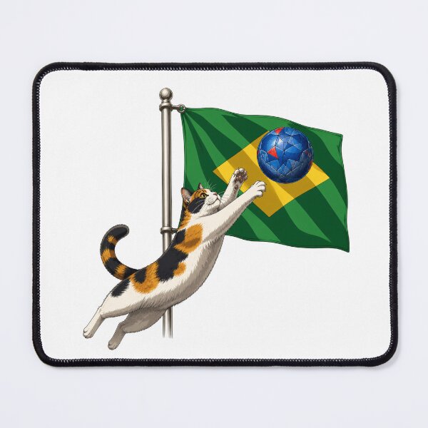 Item preview, Cat Playing Soccer on Brazil Flag — Funny Cat Art Print designed and sold by Aguri-tei.