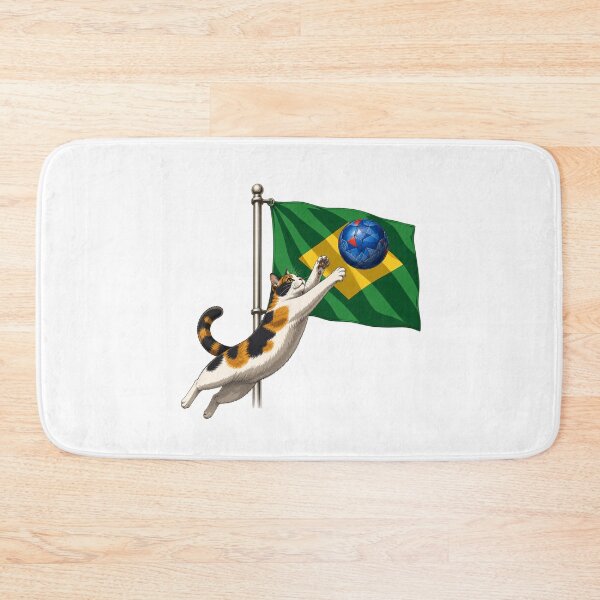 Item preview, Cat Playing Soccer on Brazil Flag — Funny Cat Art Print designed and sold by Aguri-tei.