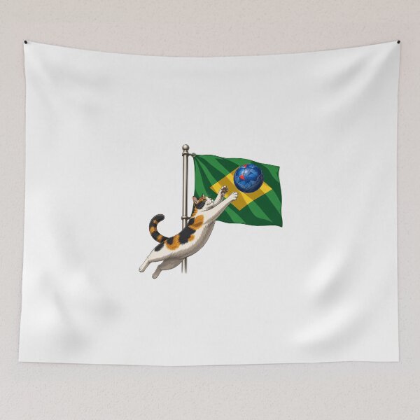 Item preview, Cat Playing Soccer on Brazil Flag — Funny Cat Art Print designed and sold by Aguri-tei.