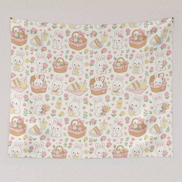 Item preview, Kawaii Bunny Flower Picnic Pattern designed and sold by Soft Berry Studio.