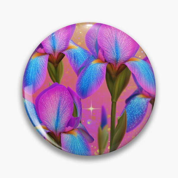 Item preview, Vibrant purple and blue iris flowers against a shimmering golden background. designed and sold by stardustcloset.