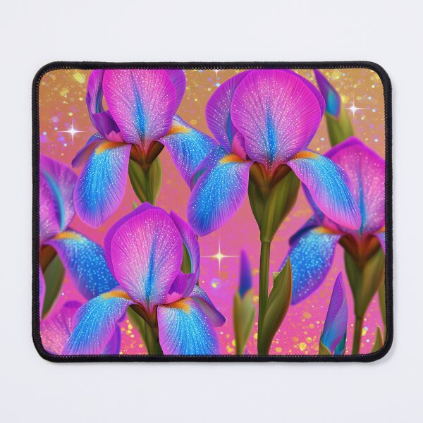Item preview, Vibrant purple and blue iris flowers against a shimmering golden background. designed and sold by stardustcloset.
